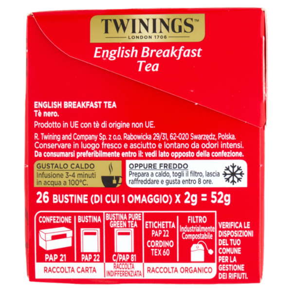 Twinings English Breakfast Tea Tè Nero 25 filtri +1 omaggio The 52 g