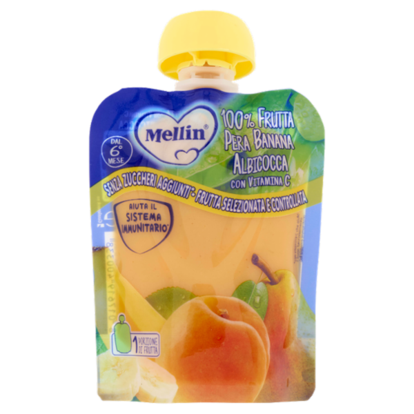 MELLIN Merenda di Frutta 100% con Vitamina C, Albicocca, a partire dal 6° mese, Pouch 90 g