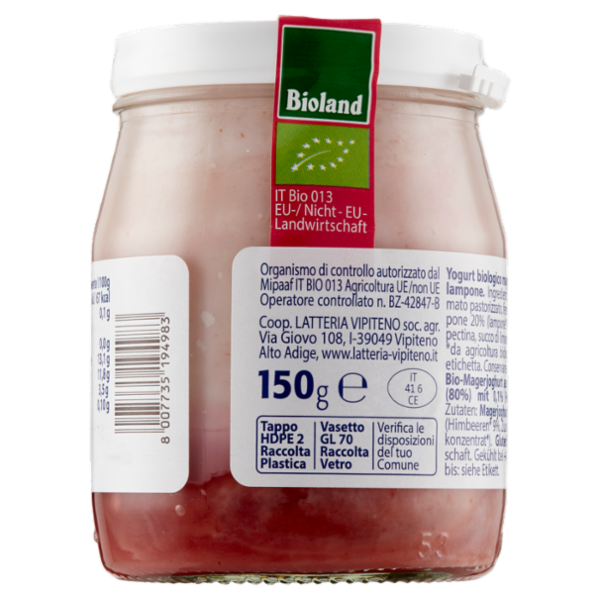 Sterzing Vipiteno bio Yogurt Magro su lampone da Latte Fieno 150 g