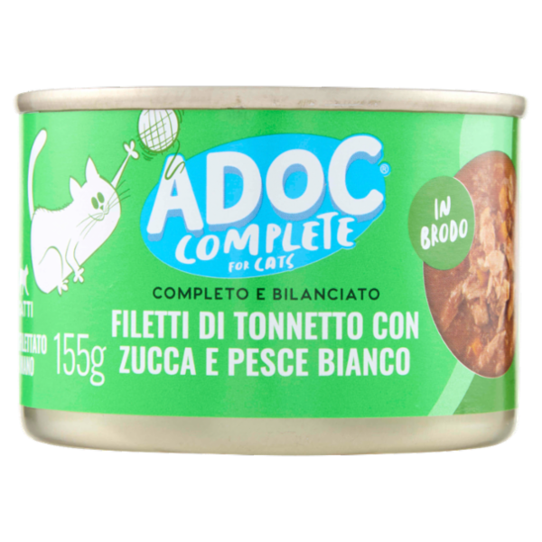 ADoC Complete For Cats Filetti di Tonnetto con Zucca e Pesce Bianco in Brodo 155 g