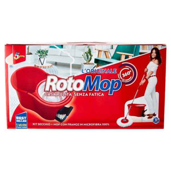 Super5 RotoMop 360° Kit Secchio + Mop con Frange in Microfibra 100%
