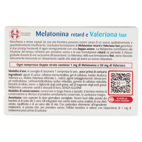 Matt Divisione Pharma Melatonina retard e Valeriana fast Sonno e Relax 30 compresse 12 g