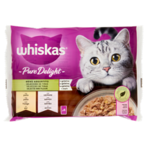 Whiskas Pure Delight Cibo Umido Gatto Menù Assortito In Gelatina Con Pollo e Salmone 4x85g
