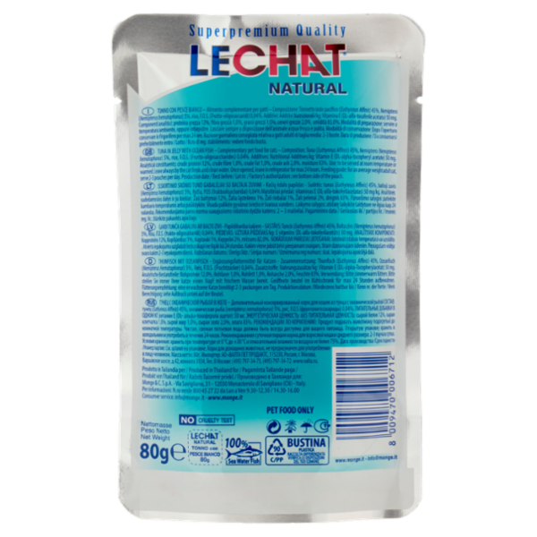 LeChat Natural Squisiti Pezzetti di Tonno con Pesce Bianco 80 g