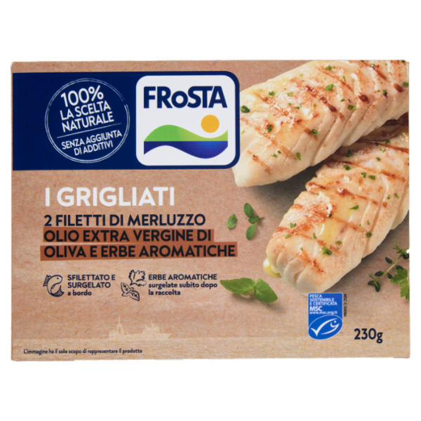 FRoSTA i Grigliati 2 Filetti di Merluzzo Olio Extra Vergine di Oliva e Erbe Aromatiche 230 g