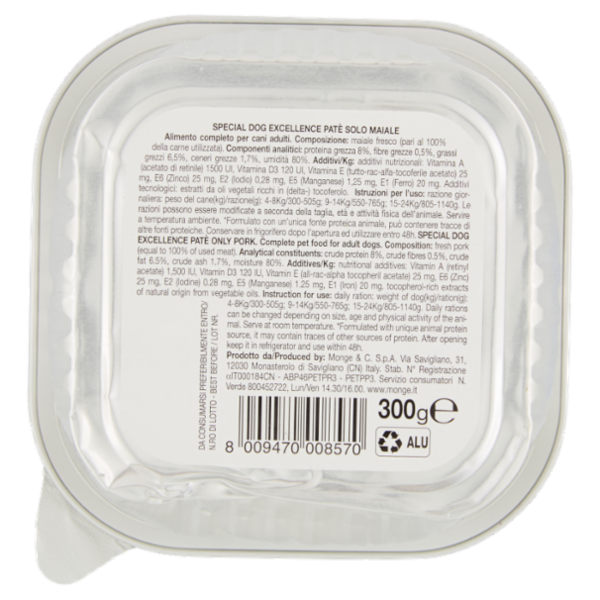 Special Dog Excellence Adult Patè Monoprotein* Solo Maiale 300 g