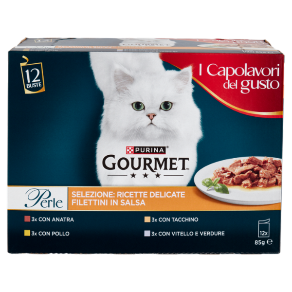 PURINA GOURMET Perle Ricette Delicate Filettini in Salsa Anatra, Pollo, Tacchino, Vitello 12x85g