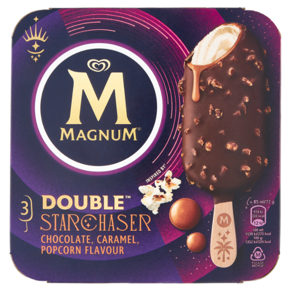 Magnum Double Starchaser Chocolate, Caramel, Popcorn Flavour 3 x 72 g