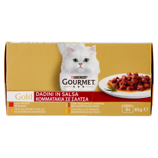 PURINA GOURMET Gold Dadini in Salsa Manzo/Salmone & Pollo/Tacchino & Anatra/Pollo & Fegato 8 x 85 g