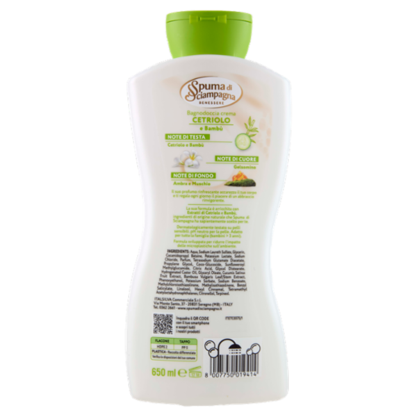 Spuma di Sciampagna Benessere Cetriolo e Bambù Bagnodoccia crema Rinfrescante 650 ml