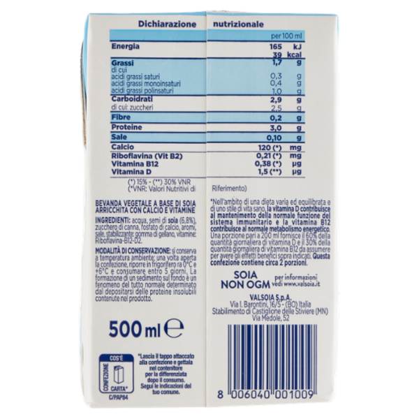 Valsoia Bontà e Salute Bevanda soia gusto Morbido 500 ml