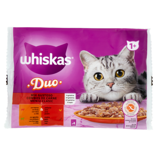 Whiskas Duo Cibo Umido Gatto Mix Gustoso in Gelatina Manzo & Pollame, Agnello & Anatra 4 x 85 g