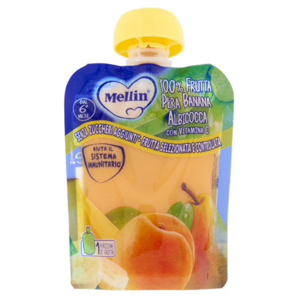 MELLIN Merenda di Frutta 100% con Vitamina C, Albicocca, a partire dal 6° mese, Pouch 90 g