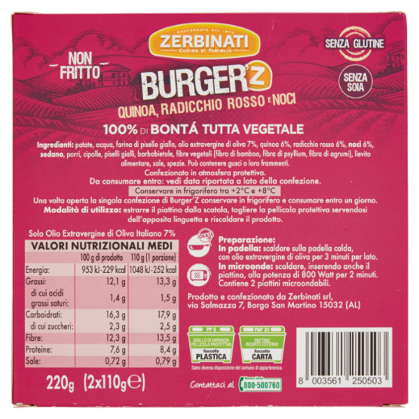 Zerbinati Burger'Z Quinoa, Radicchio Rosso e Noci 2 x 110 g