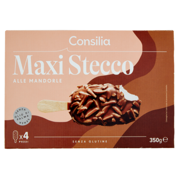 Consilia 4 Maxistecchi di Gelato Vaniglia Ricoperti Cioccolato al Latte e Mandorle 350 g