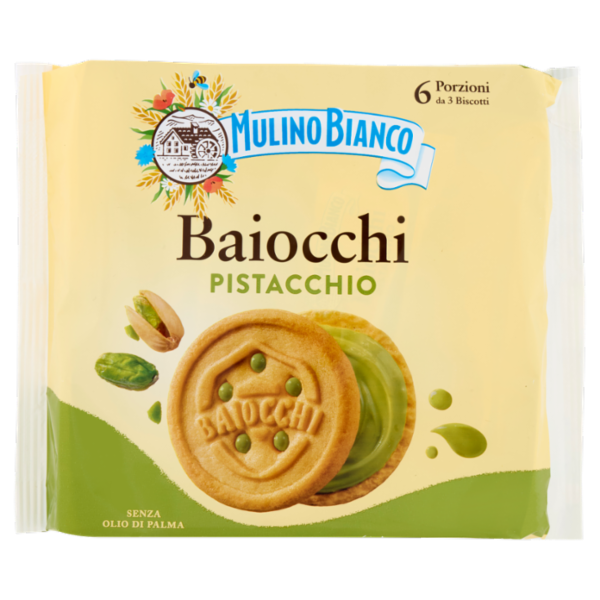 Mulino Bianco Baiocchi Biscotti Snack Farciti con Crema al Pistacchio 168g