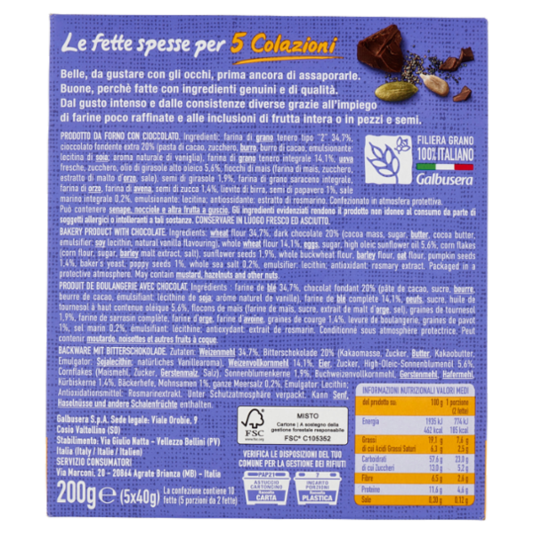 Galbusera BelleBuone 5 Colazioni Cioccolato semi di papavero, semi di girasole e semi di zucca 5x40g