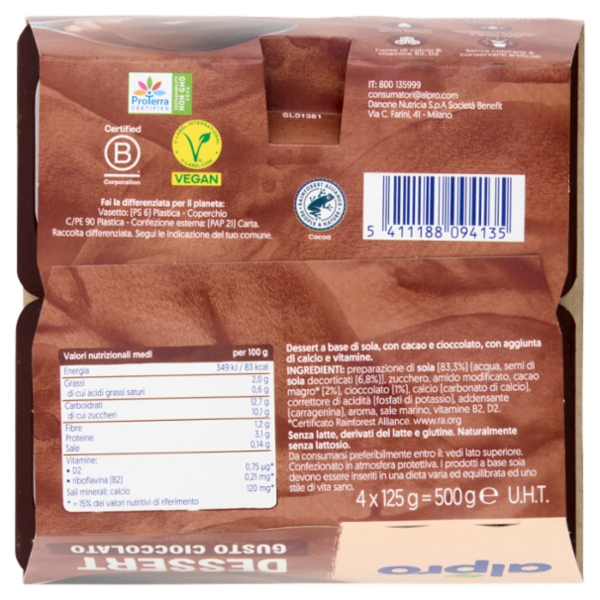 ALPRO Dessert 100% Vegetale Gusto Ciocc, Senza Lattosio, Povero di Grassi, Fonte di Calcio, 4X125g