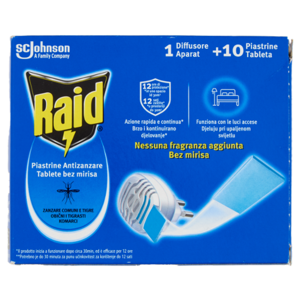 Raid Piastrine Antizanzare Comuni e Tigre, Azione prolungata, 1 Diffusore + 10 Piastrine Ricarica