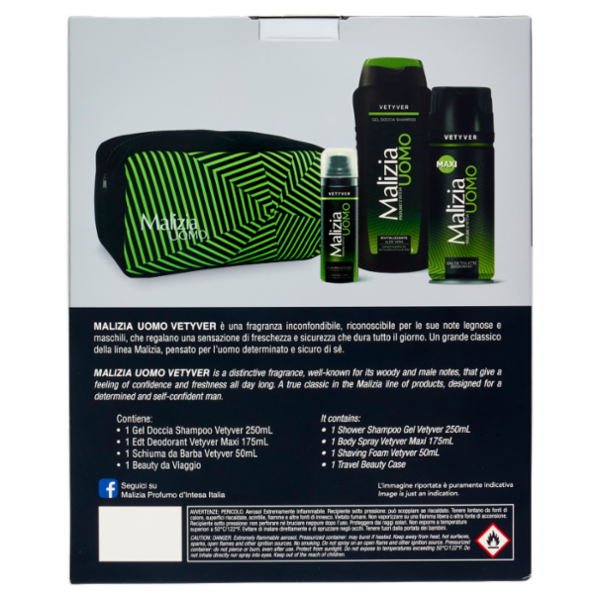 Malizia Uomo Vetyver Schiuma da Barba 50 mL + Gel Doccia Shampoo 250 mL + Edt Deodorant Maxi 175 mL
