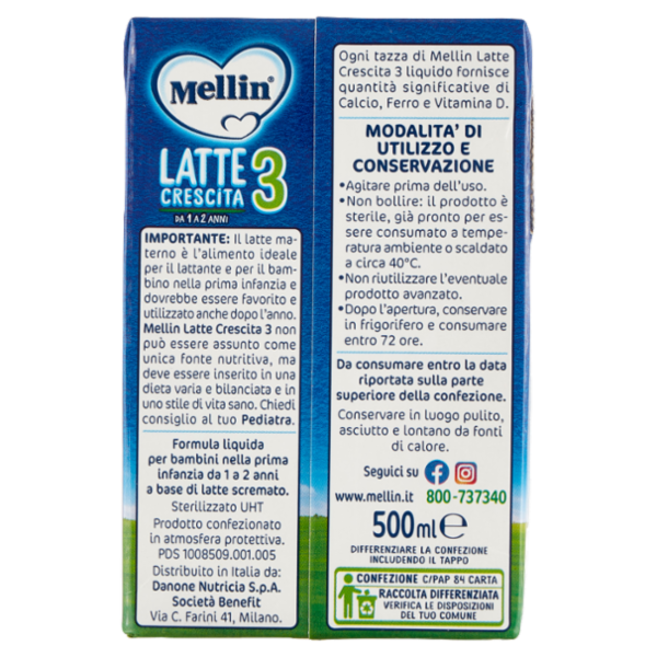 MELLIN 3 - Latte di Crescita Liquido, dal 12° mese compiuto al 24°, Fonte di Ferro, 500ml