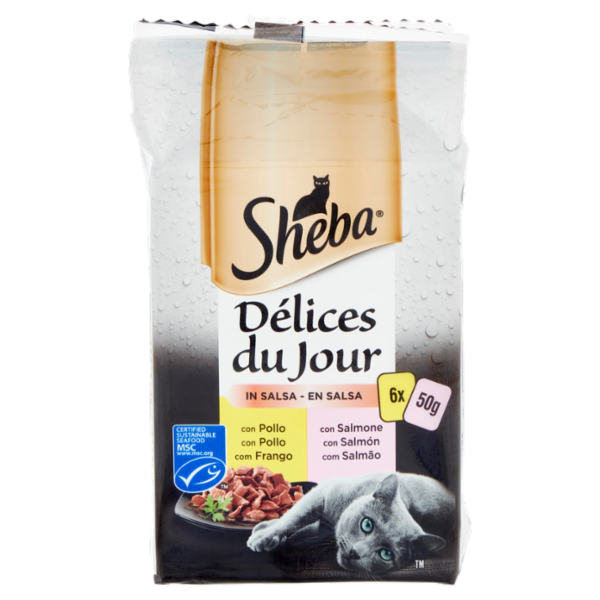 Sheba Délices du Jour in Salsa Cibo Umido Gatto con Pollo e Salmone 6 x 50 g