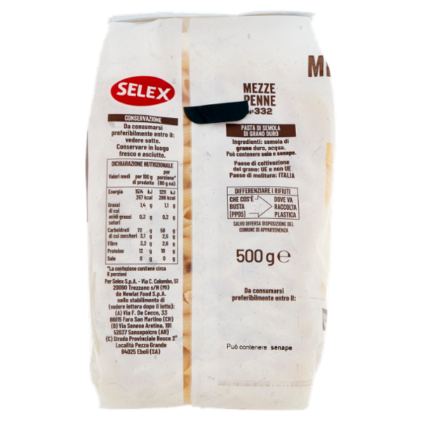 Selex Pasta di Semola Trafilata al Bronzo Mezze Penne 500 g