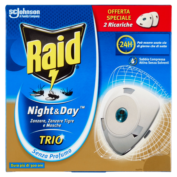 Raid Night & Day Trio Zanzare, Zanzare Tigre, Mosche 2 Ricariche