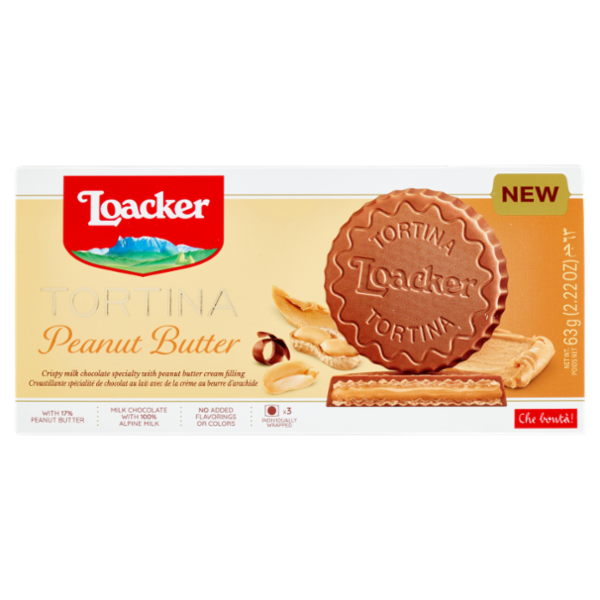 Loacker Tortina Peanut Butter Wafer ricoperto di cioccolato al latte con crema alle arachidi 21gx3