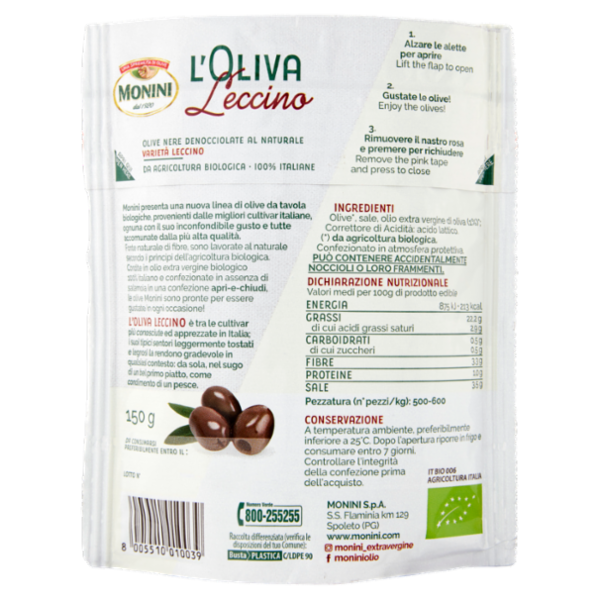 Monini l'Oliva Leccino Biologica al Naturale Denocciolata 150 g