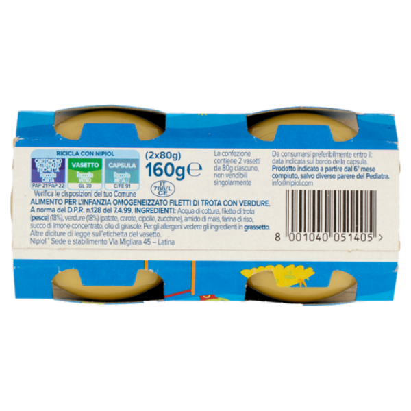 nipiol trota omogeneizzato con filetti di pesce selezionati e verdure 2 x 80 g