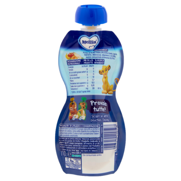 MELLIN Merenda Re Leone Simba, Frutta Mista, 100% frutta con Vit C, 110g