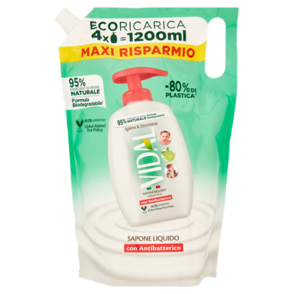 Vidal Igiene & Sicurezza Sapone Liquido con Antibatterico Ecoricarica 1200 ml