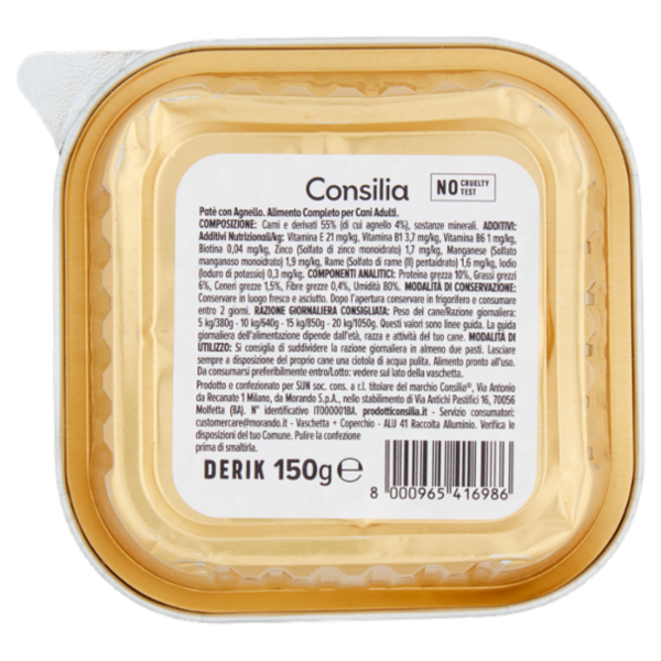Consilia Derik Paté per Cane con Agnello e Selvaggina 150 g