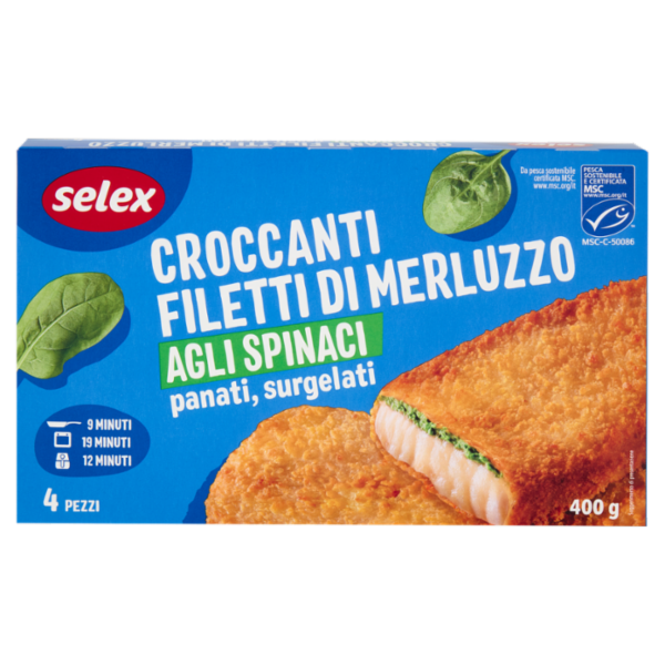 Selex Filetti di Merluzzo agli Spinaci in Croccante Panatura Surgelati 4x100 g
