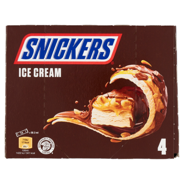 Snickers Barretta Gelato con cioccolato, caramello e arachidi tostate, Multipack da 4 x 45.6 g
