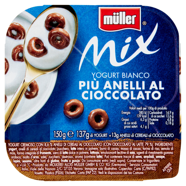 müller Mix Yogurt Bianco Più Anelli al Cioccolato 150 g