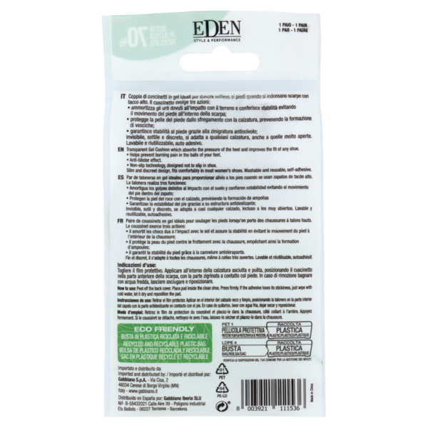 Eden Style & Performance Cuscinetto Gel Plantare 1 Paio