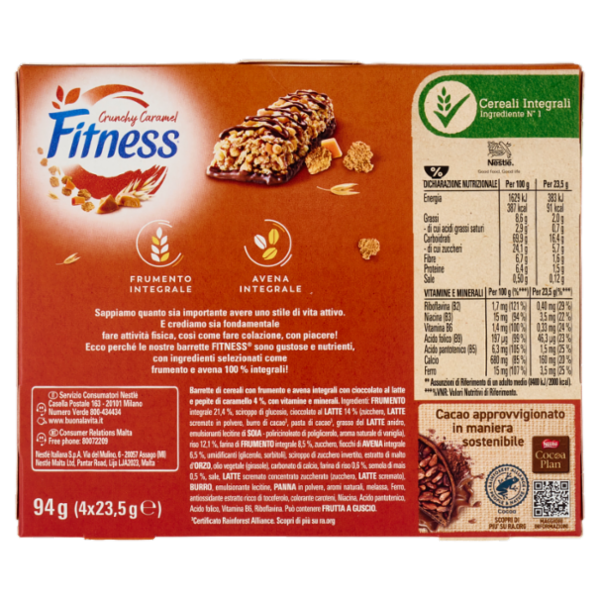 FITNESS Crunchy Caramel Barrette Cereali Integrali con Cioccolato e Caramello 4 pezzi da 23,5g