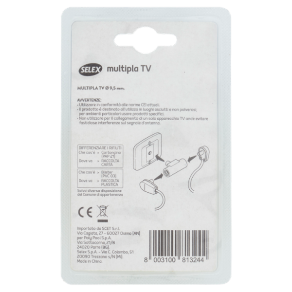 Selex Multipla Tv 1 Spina + 2 Prese Induttive Diametro 9,5 mm Bianco