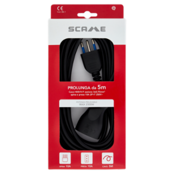 Scame Prolunga Da 5m Cavo H05VV-F Sezione 3x0,75mm², Spina e Presa 10A 2P+T 250V