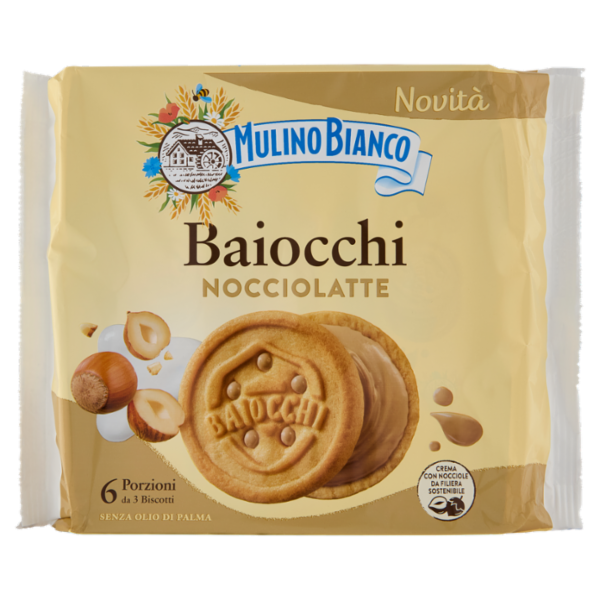 Mulino Bianco Baiocchi Snack Biscotti Farciti con Crema Nocciole e Latte Nocciole 100% Italiane 168g