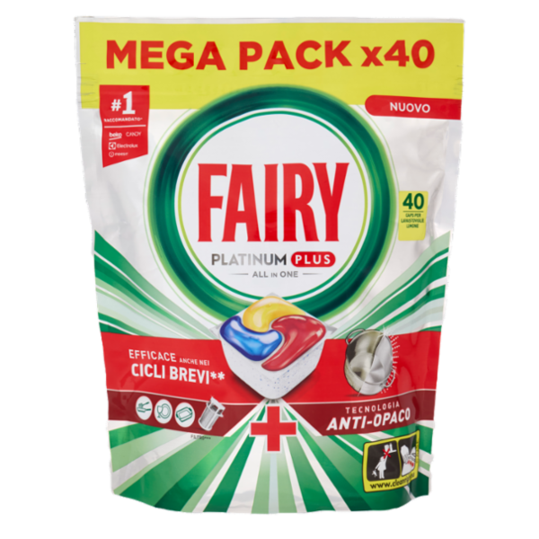 Fairy Pastiglie Lavastoviglie Platinum Plus All in One, Detersivo Piatti Limone, 40 Capsule 620 g
