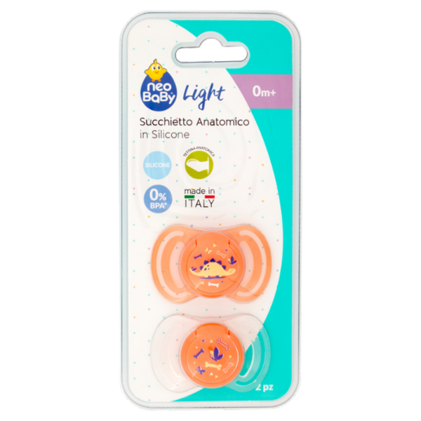 neo Baby Light Succhietto Anatomico in Silicone 0m+ Dino Arancio 2 pz