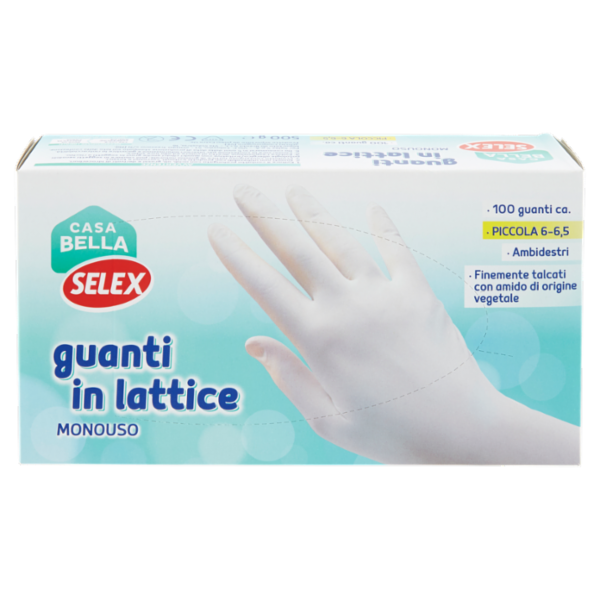 Selex Casa Bella Guanti Monouso in Lattice Naturale Misura Piccola (6-6,5) Dispenser 100 pezzi