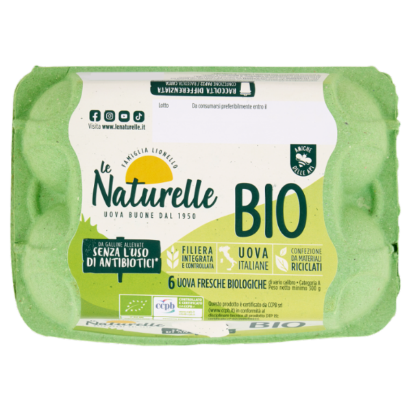 le Naturelle Bio 6 Uova Fresche Biologiche da Galline Allevate Senza l'Uso di Antibiotici* 300 g