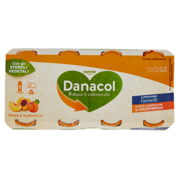 DANACOL Yogurt da bere, Riduce il Colesterolo grazie agli Steroli Vegetali, Pesca Albicocca, 8x100g