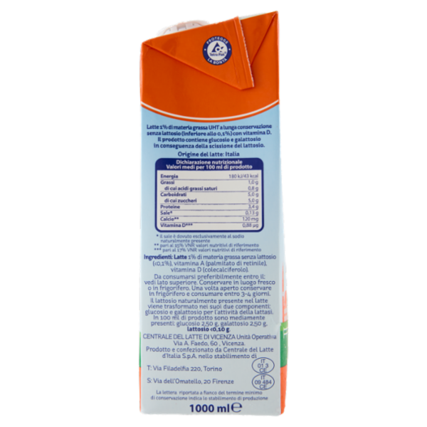 Centrale del latte Vicenza Alta Digeribilità Senza Lattosio 1% di Grassi 1000 ml