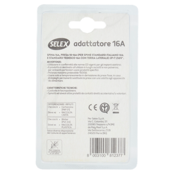 Selex Adattatore Semplice Spina 16A + 1 Presa Tedesca Bianco