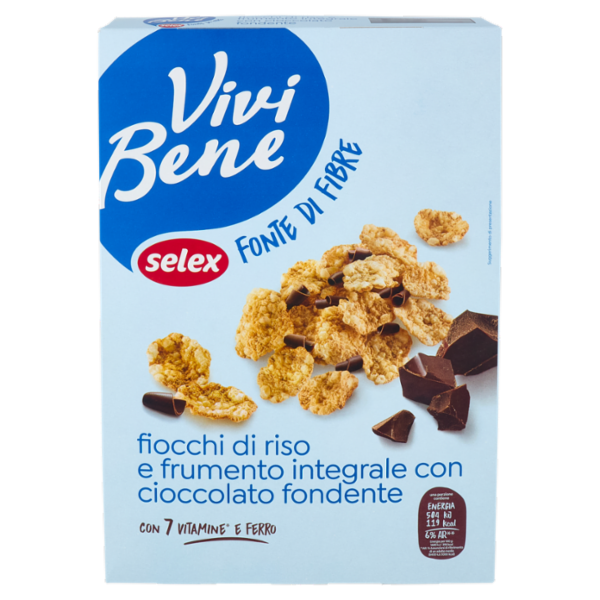Selex Vivi Bene Fiocchi di Riso e Frumento Integrale con Riccioli di Cioccolato Fondente 300 g